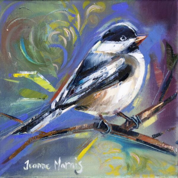 Blue Sparrows left - Giclée Print of oil painting of a chickadee perched on a branch. The background has shades of green, blue, purple. Artist Jeanne Marais