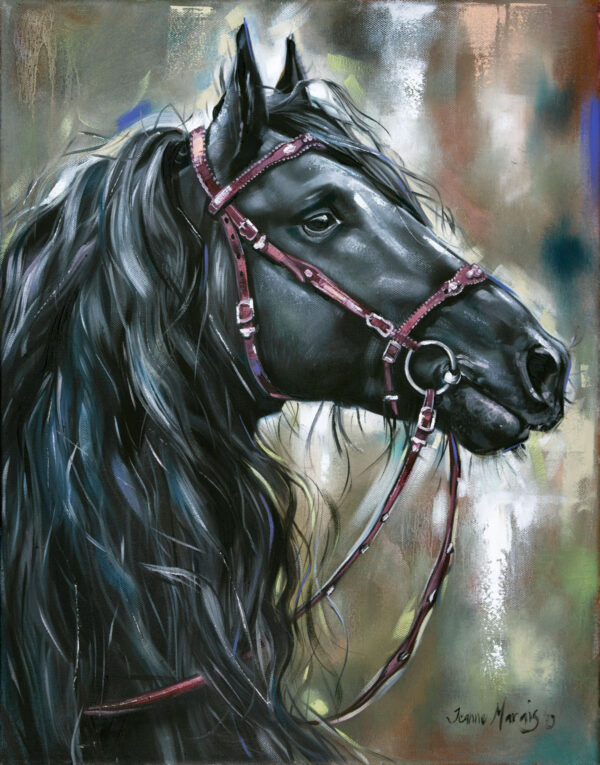 Friesian Horse Close-Up - Giclée print of oil painting of a friesian horse with a shiny coat and flowing mane, wearing a red bridle. The background is an abstract mix of earthy and bright colors.