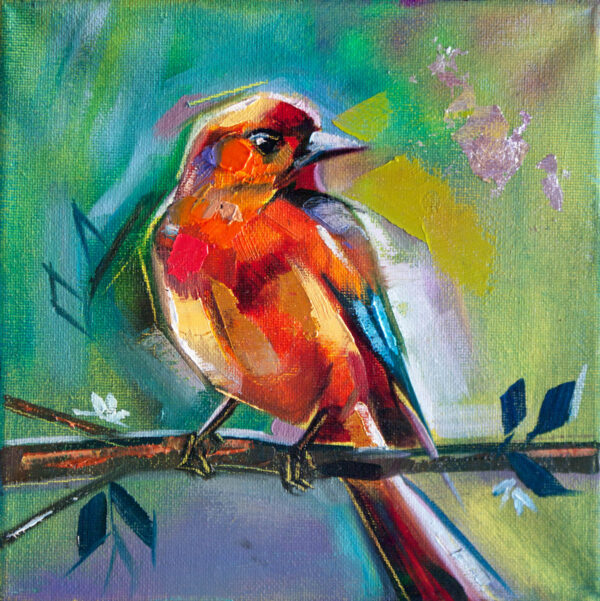 Feathered Triplets one - Giclée Print of abstract painting of a colorful bird perched on a branch, with vibrant red, orange, and yellow hues. The background blends green and blue tones