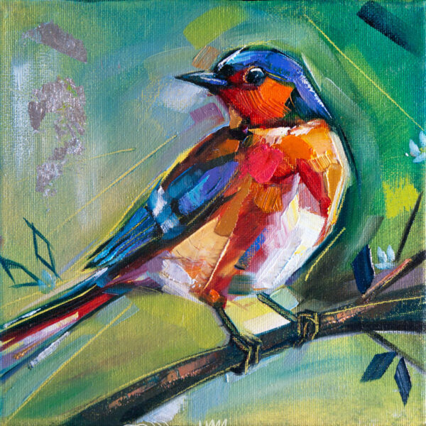 Feathered Triplets three - Giclée Print of abstract oil painting of a colorful bird perched on a branch, with vibrant red, orange, and yellow hues. The background blends green and blue tones