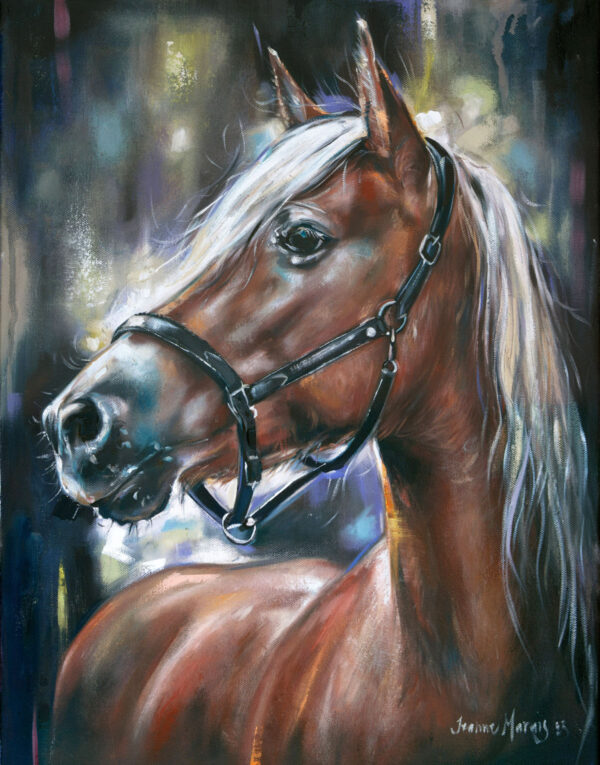 Palamino Horse Close-Up - Giclée print of oil painting of a majestic palamino horse with a shiny coat and white mane, wearing a black bridle. The background is a blurred mix of colorful, soft hues