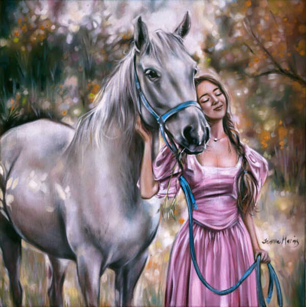 Silvery Mare - Giclée print of oil painting of a woman in a pink dress affectionately leaning her head against a gray horse, holding its blue reins. The background is a softly blurred garden