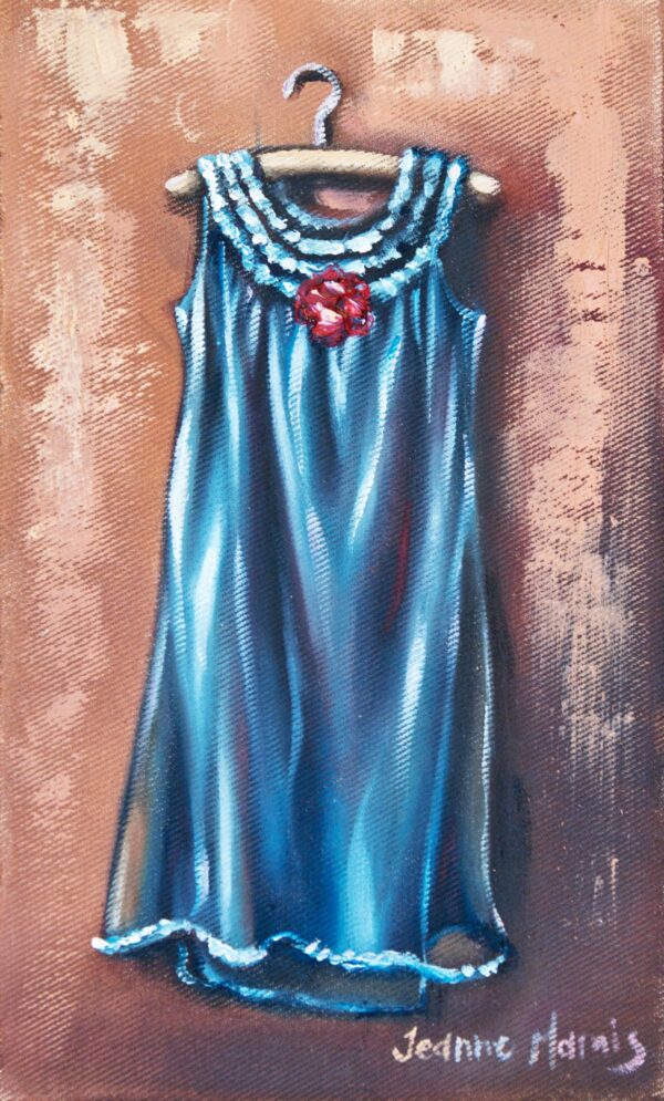 Vintage Two - Giclée print of painting of a shimmering blue dress on a hanger against a textured brown backdrop. The dress has ruffled details and a red flower accent, exuding elegance