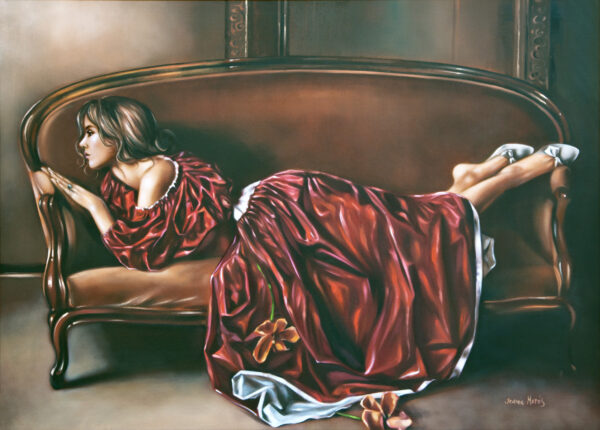 Barok - Giclée print of oil painting of a woman in a luxurious red dress reclining on an antique chaise lounge, with fallen flowers beside her in a romantic, painted style