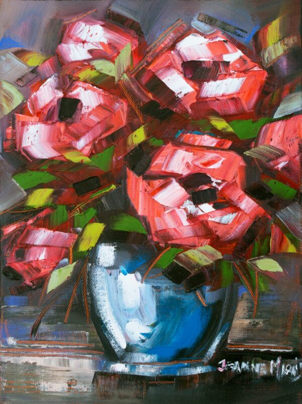 Coral Roses - Giclée print of vibrant red and pink flowers with angular brushstrokes, set in a reflective blue vase. Green and brown accents add contrast
