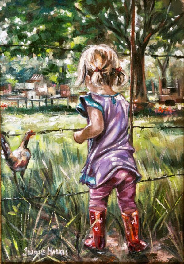 Country Break - Giclée print of oil painting of a young girl in a purple dress and red boots standing in a sunny, grassy field, watching a chicken through a wire fence