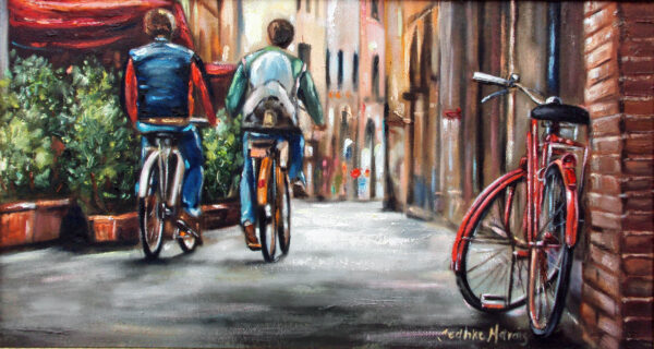 Cycling - Giclée print of oil painting of two young boys cycling on a cobblestone street between buildings. A red bicycle is parked against a wall