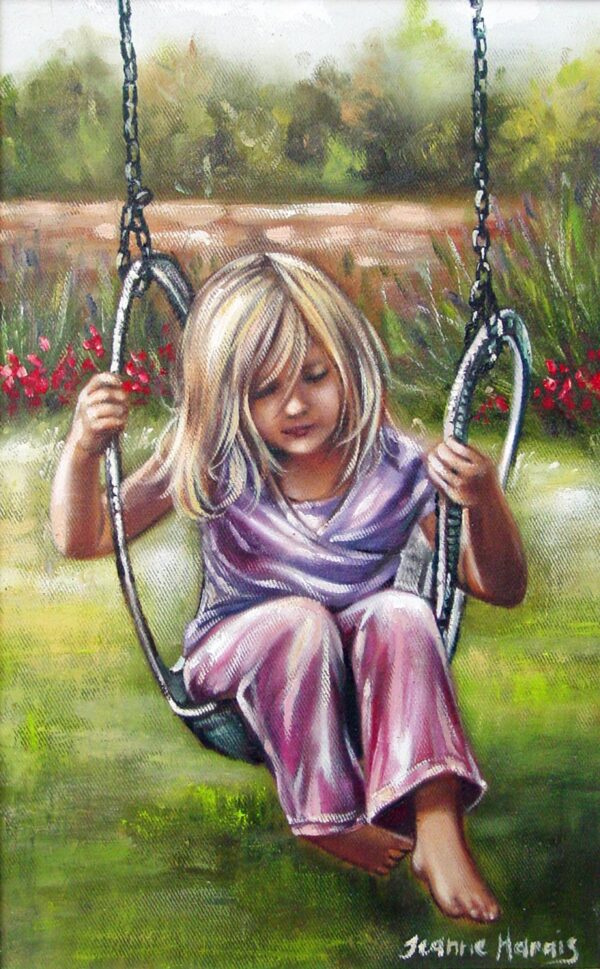 Day Dreams - Giclée print of oil painting of a young girl with blonde hair, in a purple outfit, sitting on a swing in a lush garden. She appears serene and focused, surrounded by greenery and red flowers