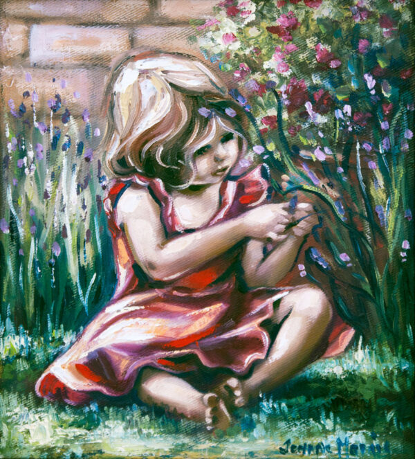 Dreamworld - Giclée print of oil painting of a child with short hair in a red dress sitting barefoot on the grass, attentively playing with flowers in a vibrant garden