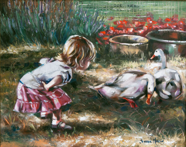 Duck Talk - Giclée print of oil painting of a young girl in a pink skirt bending down to observe three ducks in a sunlit yard. The scene is peaceful, with vivid flowers and bushes in the background