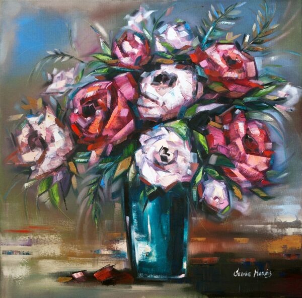 Dusk Dream - Giclée print of a bouquet with pink and red flowers in a blue vase. The abstract brushstrokes and rich colors convey a lively, textured scene
