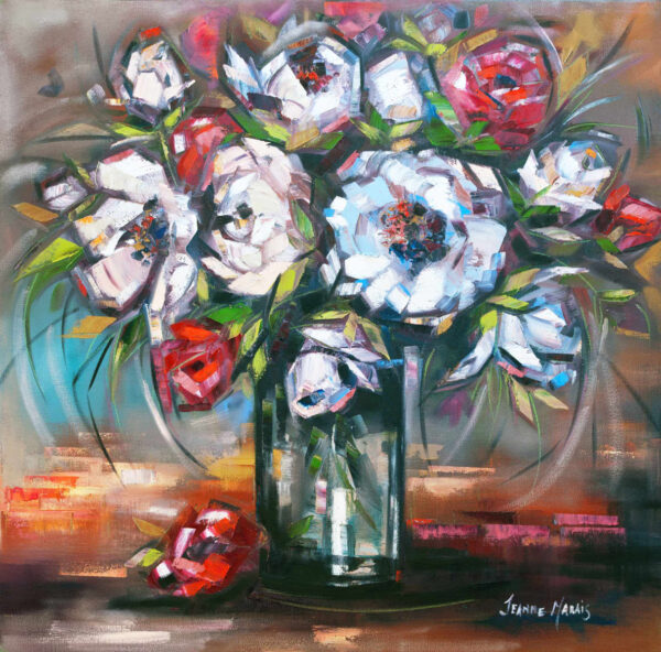 Evening Memory - Giclée print of flower bouquet in a glass vase. Features bold brushstrokes with white, red, and pink flowers, green leaves, and a warm tone
