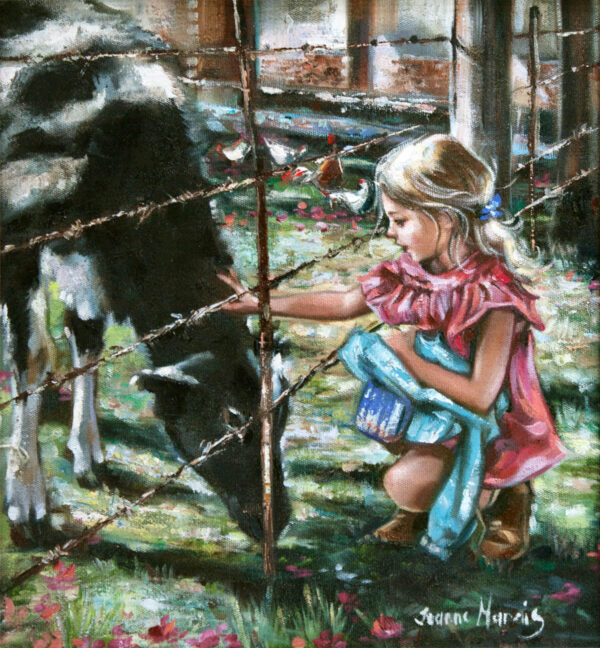 Farmgirl - Giclée print of oil painting of a young girl in a pink dress kneeling by a barbed wire fence, gently reaching out to a black & white cow. Sunlight filters through trees, creating a serene, pastoral scene