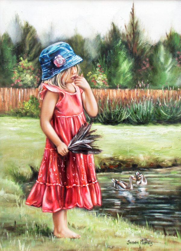 Feathers - Giclée print of oil painting of a young girl in a red dress and blue hat standing thoughtfully by a pond, holding feathers. Ducks swim nearby. The scene is serene and pastoral