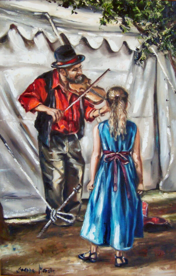 Fiddler - Giclée print of oil painting of a bearded man in a hat playing the violin in front of a young girl in a blue dress. They stand outside a white tent, surrounded by trees. The scene is warm and inviting