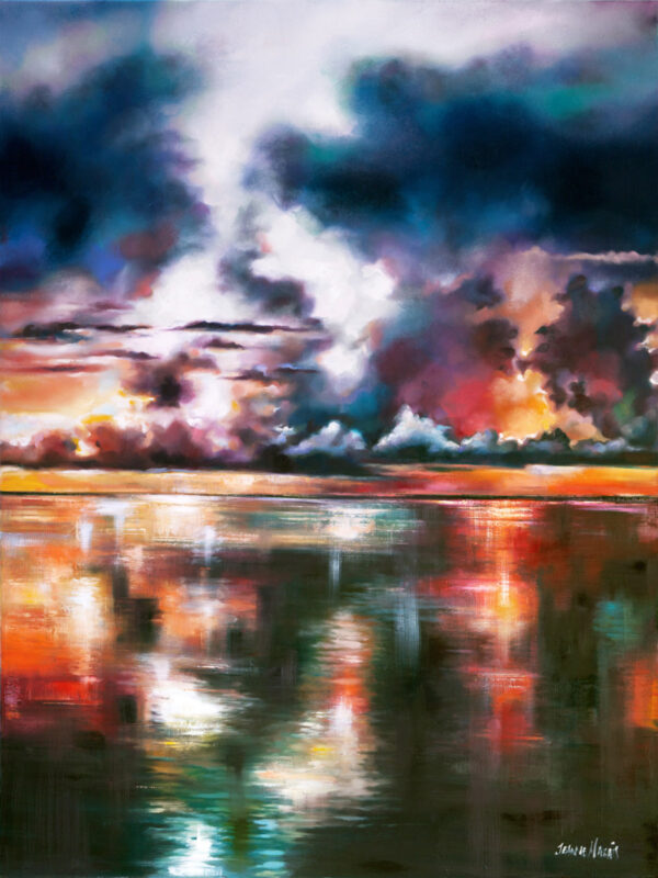 Fiery Sky - Giclée print of oil painting of a dramatic sunset over water, with dark clouds and vivid reflections in pink, orange, and blue, creating a serene and dramatic mood