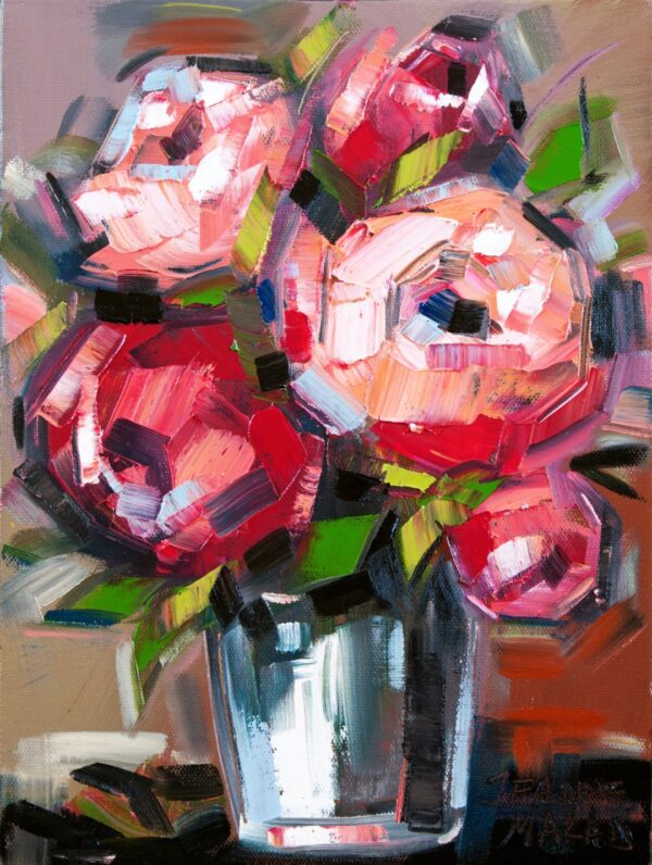 Five Roses - Giclée print of abstract pink flowers in a silver vase, created with bold brushstrokes. The mix of pinks, reds, and greens conveys energy