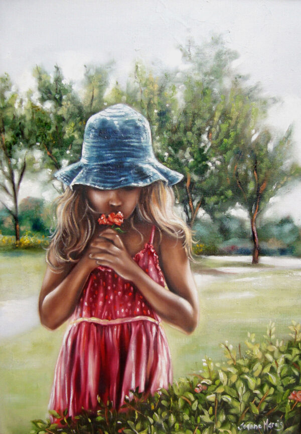 Flower Season - Giclée print of oil painting of a young girl in a pink dress and blue hat smelling a red flower in a sunlit garden. Trees and greenery form a serene, peaceful background