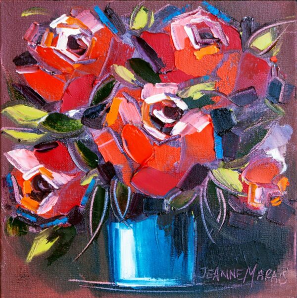 Four Roses A - Giclée print of abstract red roses in a blue vase, created with bold brushstrokes. The mix of reds and greens conveys energy. Jeanne Marais