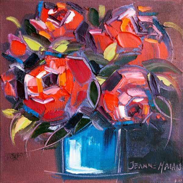 Four Roses B - Giclée print of abstract red roses in a blue vase, created with bold brushstrokes. The mix of reds and greens conveys energy