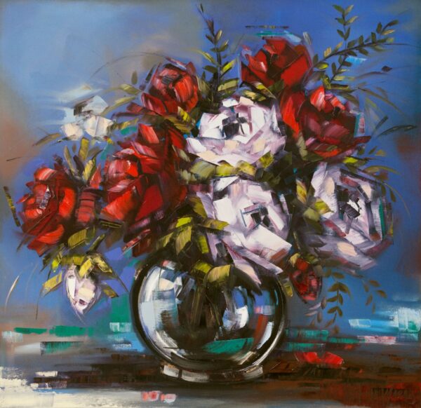 Fresh Lilac - Giclée print of red and white roses in a clear glass vase against a blue background. Bold brushstrokes create a sense of motion and energy