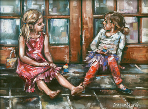 Friends Match - Giclée print of oil painting of two young girls sitting on a stone step, chatting. One wears a red dress, the other a colorful skirt and leggings. They exude a playful, relaxed vibe