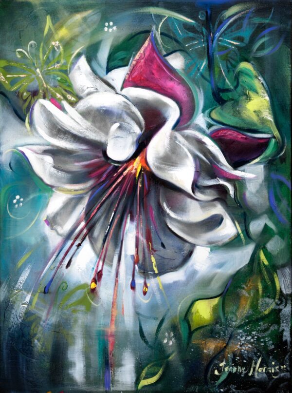 Fuchsia one - Giclée print of a white fuchsia flower with magenta and green accents, featuring vibrant petals and elongated, colorful stamens. The background is a swirl of blues and greens