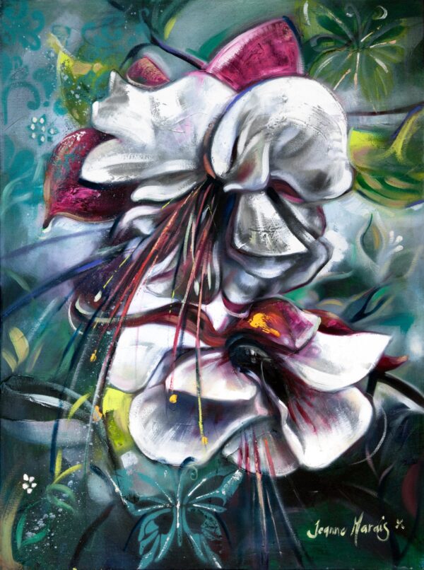 Fuchsia two - Giclée print of a white fuchsia flower with magenta and green accents, featuring vibrant petals and elongated, colorful stamens. The background is a swirl of blues and greens