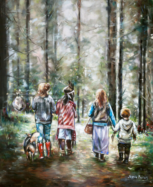 God's Way - Giclée print of oil painting of a group of four children walking down a forest path, holding hands. They wear colorful clothing, and a dog follows