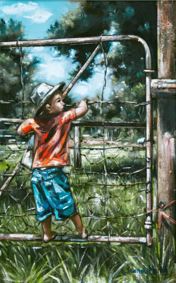 Going Through - Giclée print of oil painting of a young boy in a hat and red shirt playfully climbing a rustic metal gate surrounded by green grass, with trees in the background under a blue sky.