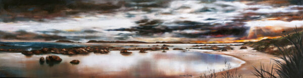 Golden Sunset - Giclée print of oil painting of expansive coastal landscape with stormy skies, rocky shoreline, and serene reflections. Dramatic clouds and muted sunset create an atmospheric mood.