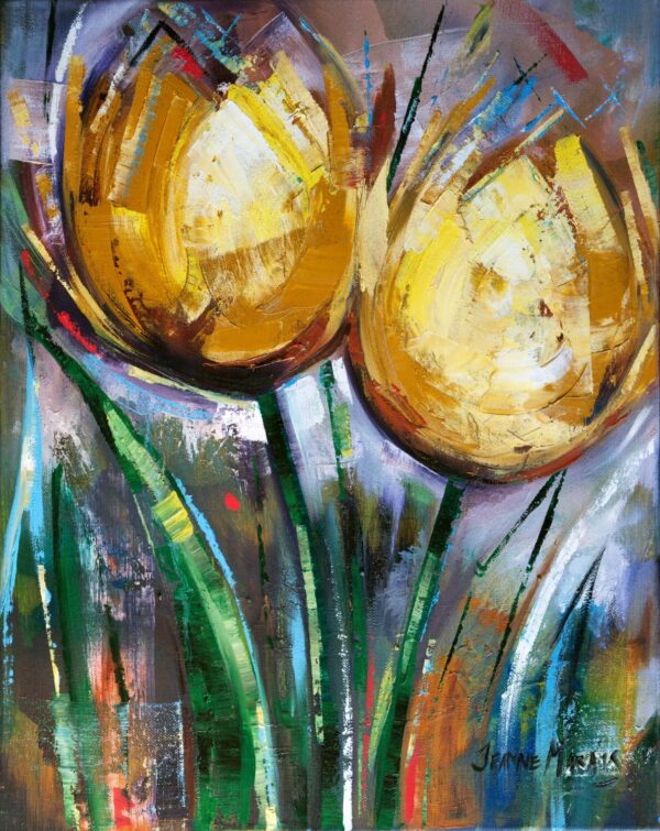 Golden Tulips - Giclée print of two yellow tulips with green stems against a textured, multicolored background. The scene conveys vibrancy and energy