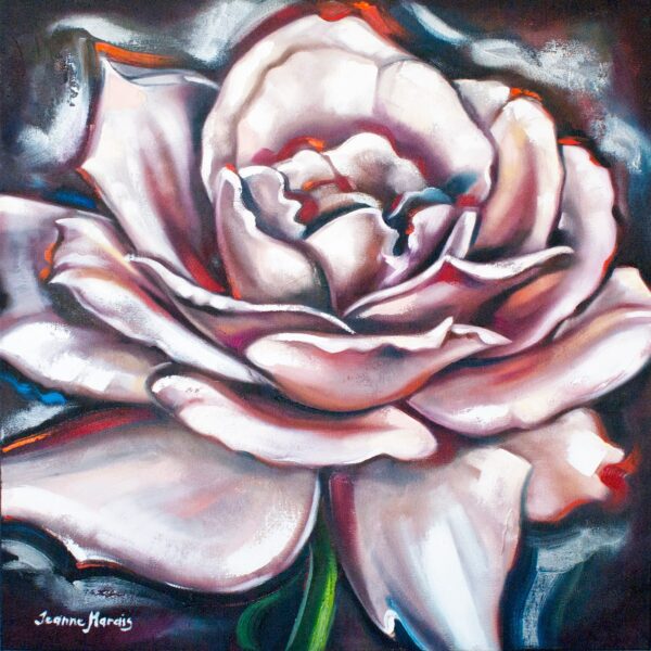 Happy Rose one - Giclée print of a rose, with swirling pink and white petals outlined in bold strokes. Dark, moody background enhances its vivid, dramatic feel