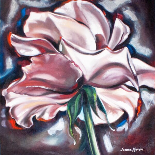 Happy Rose two Giclée print of a rose, with swirling pink and white petals outlined in bold strokes. Dark, moody background enhances its vivid, dramatic feel