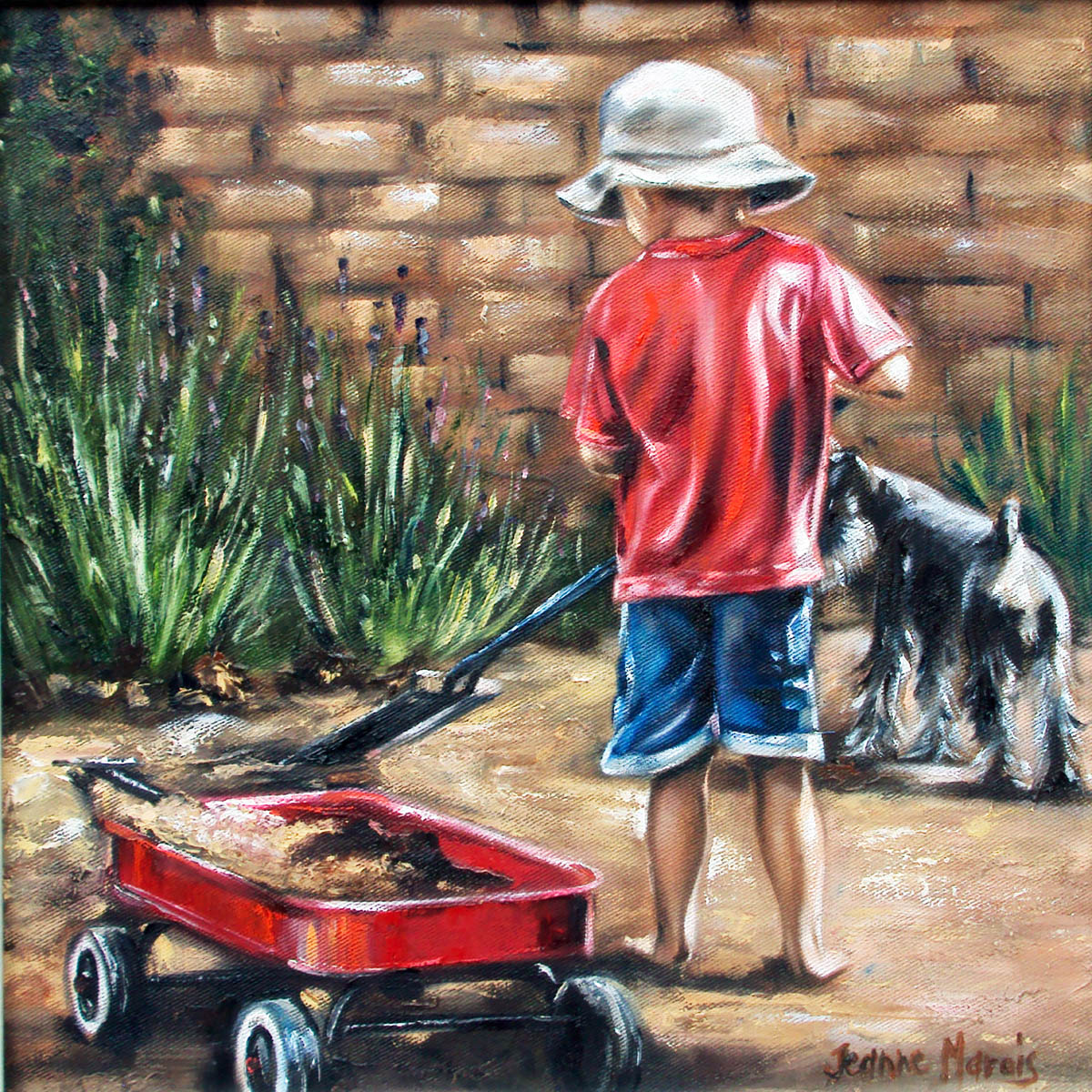 Hard Labour - Giclée print of oil painting of a young child in a red shirt and hat standing barefoot, holding a shovel near a red wagon filled with dirt. A small dog is nearby, and greenery grows along a brick wall, conveying a peaceful, playful backyard scene