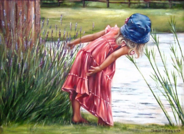 Hide-and-Seek Giclée print of oil painting of a young girl in a pink dress and blue hat leaning playfully over a lakeside, surrounded by tall grass and lavender. The scene feels serene and curious