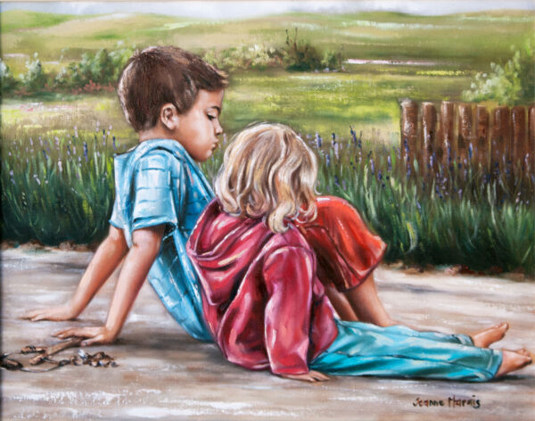 Hindsight - Giclée print of oil painting of a young boy and girl sit on a pathway, backs facing the viewer, surrounded by lush greenery and a wooden fence. They appear thoughtful and relaxed.