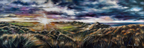 Inland Bliss - Giclée print of oil painting of landscape depicting a dramatic sunset over grassy dunes. The sky is filled with vibrant colors and dark clouds, conveying a moody atmosphere.