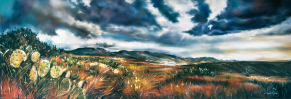 Karoo Innermore - Giclée print of oil painting of a prairie under a stormy sky, with dark clouds and light breaking through. Cacti and grasses in the foreground.