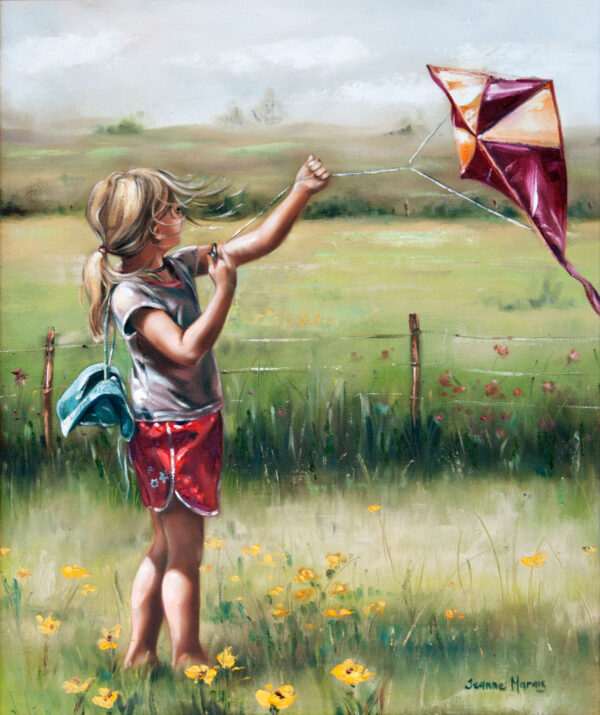 Kiting - Giclée print of oil painting of a young girl with blonde hair holding a kite string in a green field, surrounded by yellow flowers