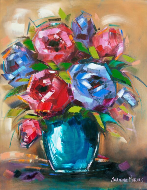 Lavender and red roses one Giclée print of abstract vibrant bouquet in a blue vase. Features bold red, pink, and blue flowers with green leaves, set against a warm beige background