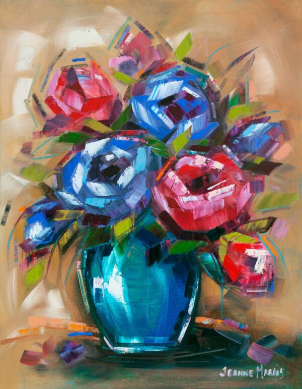 Lavender and Red Roses two Giclée print of abstract vibrant bouquet in a blue vase. Features bold red, pink, and blue flowers with green leaves, set against a warm beige background