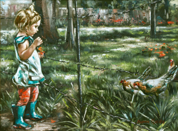 Life Forms - Giclée print of oil painting of a young girl in blue rain boots standing near a fence, gazing at chickens in a grassy field. Trees and flowers in the background create a serene, rural scene
