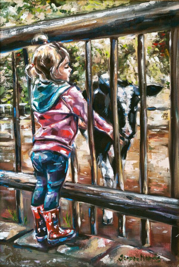 Little Cowgirl three - Giclée print of a young girl in a pink hoodie and red boots standing at a fence, gently reaching out to a black and white calf