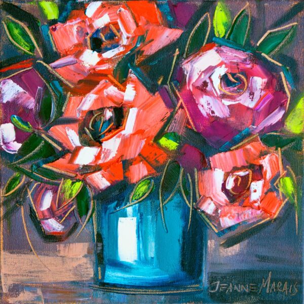 Little purple and reds A - Giclée print of oil painting of abstract orange and pink flowers in a blue vase, with bold, expressive brushstrokes and lively green leaves on a dark background