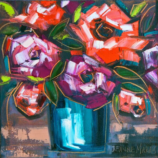 Little purple and reds B - Giclée print of oil painting of abstract orange and pink flowers in a blue vase, with bold, expressive brushstrokes and lively green leaves on a dark background