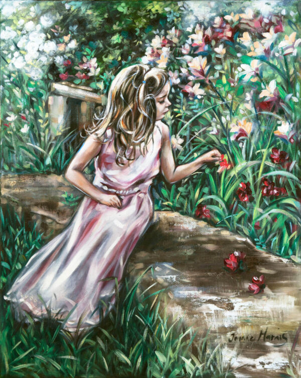 Little Realm - Giclée print of oil painting of a young girl in a pink dress leaning forward, gently picking a red flower in a vibrant garden filled with colorful blossoms, conveying curiosity and serenity