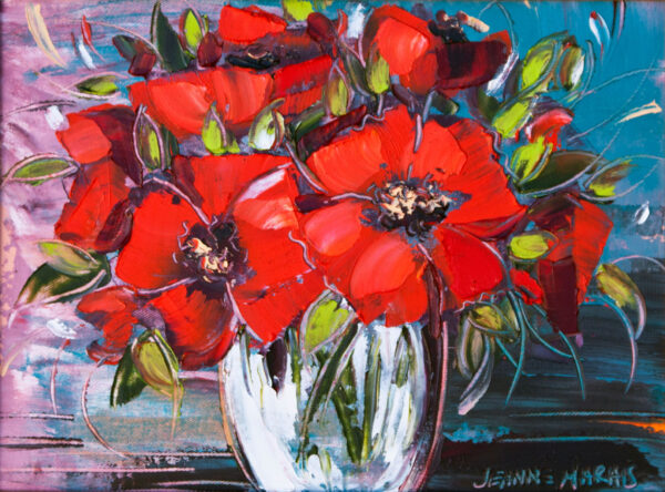 Little reds - Giclée print of red poppies in a clear vase against a blue background. The bold brush strokes convey a sense of movement and energy