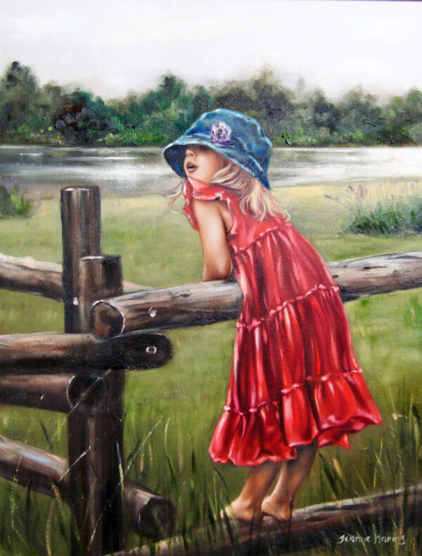 Long View - Giclée print of oil painting of a young girl in a red dress and blue hat leaning on a wooden fence, gazing at a serene lake with lush greenery. The scene feels peaceful and idyllic