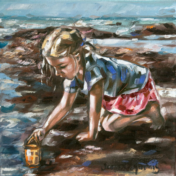Lorn Joy - Giclée print of oil painting of a young girl kneeling on a rocky beach, intently examining something with a jar in her hand. She wears a striped shirt and pink skirt, with her hair in braids. The scene is serene, with a blurred ocean backdrop